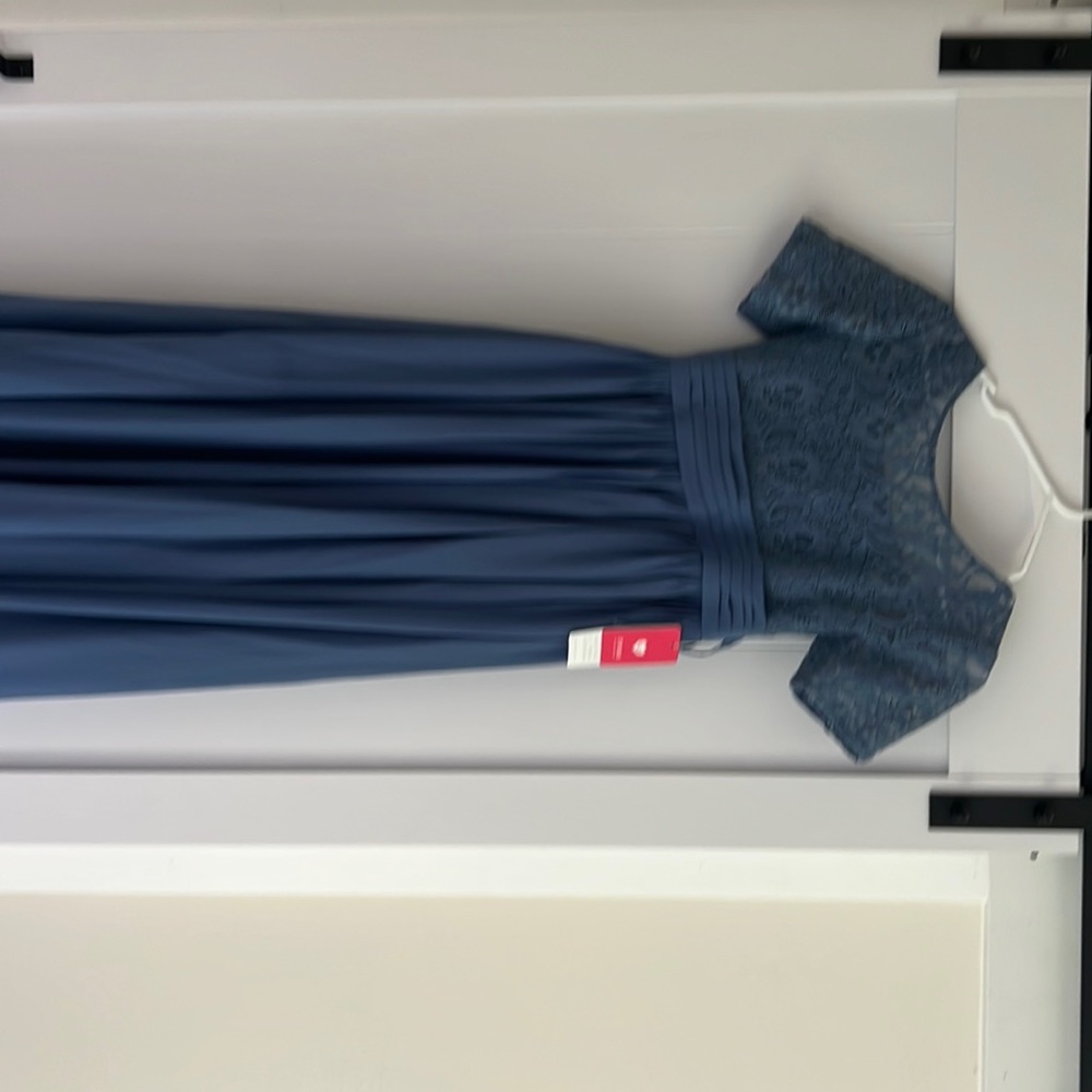 JJ’s house special occasion slate blue dress.